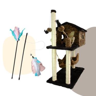 Imagem de Kit Arranhador Casa Com Rede Para Gato 2 Andares Varinhas Interativas 