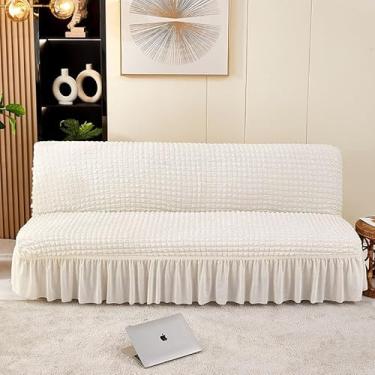 Imagem de Capa de futon sem braços com saia de babados, sofá-cama futon altamente elástica(Beige,Small (120-150cm))