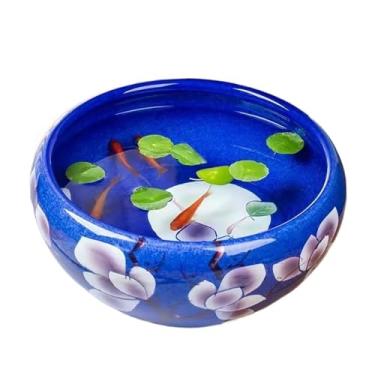 Imagem de Aquário Aquário de cerâmica com padrão de magnólia azul escuro, decoração de mesa, tanque de peixes, tanque de alimentação de tartarugas, vaso de flores redondo de cerâmica Aquário(50x50x23cm)