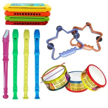 Imagem de Kit 4 brinquedos kit musical flauta,pandeirinho estrela,tamborzinho,ga