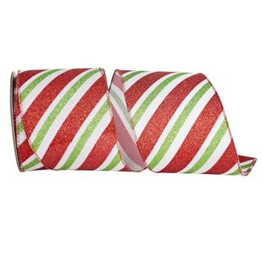 Imagem de Reliant Ribbon Fita de borda com fio de linho com listras de glitter diagonal, branca/vermelha