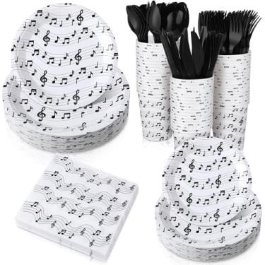 Imagem de Yungyan Conjunto de 252 peças de pratos e guardanapos musicais com tema musical, decorações de festa, notas musicais, descartáveis, guardanapos de papel, pratos, copos, facas, colheres, garfos
