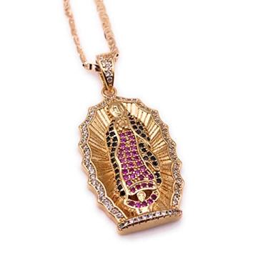 Imagem de LESLIE BOULES Colar com pingente de medalha Nossa Senhora de Guadalupe para mulheres, corrente banhada a ouro 18K