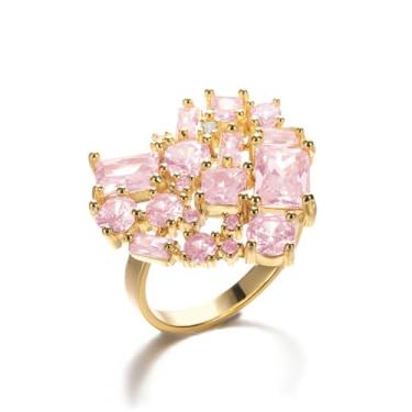 Imagem de Anel feminino rosa CZ coração aberto declaração anel para mulheres banhado a ouro 14K cristal amor coração expansível ajustável aliança de casamento eternidade aniversário delicado presente de dia dos