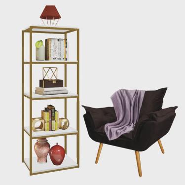 Imagem de Kit Poltrona Fatte com Manta Soft Lilás e Estante Livreiro Ferro Dourado mdf Branco Suede Marrom - Ahazzo Móveis