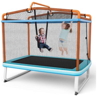Imagem de Trampolim GYMAX para crianças, 75 trampolins recreativos aprovados pela ASTM com balanço, rede de barra horizontal, mini trampolim