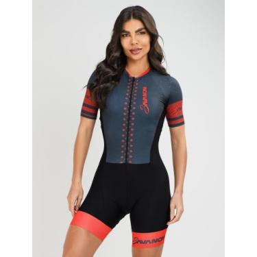 Imagem de Macaquinho Ciclismo Feminino - Forro em Gel - Cinza e Vermelho Evoluti