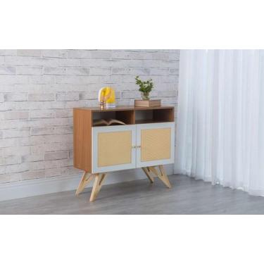 Imagem de Balcão Buffet Mdf Freijó Pés Taeda 2 Portas Com Nichos Mdf E Palhinha 