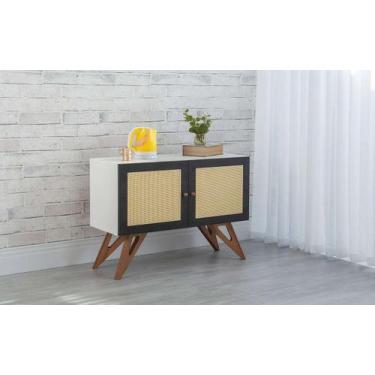 Imagem de Balcão Buffet Mdf Branco Pés Jatobá 2 Portas Pretas E Palhinha Retrô F