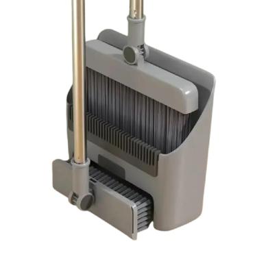 Imagem de Conjunto combo de vassoura com pá de lixo, 3 em 1 para varrer ambientes internos e externos com bandeja de poeira, conjunto de vassoura de cabo longo ajustável de 14,2 a 124 cm (cinza claro)