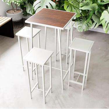 Imagem de Conjunto Mesa Alta Bar Bistrô Imbuia 4 Bancos Branco Botequim Industrial White