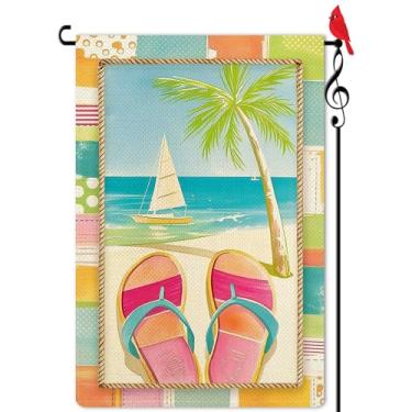 Imagem de Lorugekyu Chinelo de verão bandeira de jardim veleiro praia coqueiro bandeira pequena para fora de serapilheira dupla face terra fazenda bem-vindo quintal gramado decoração de inverno 31,8 x 45,7 cm