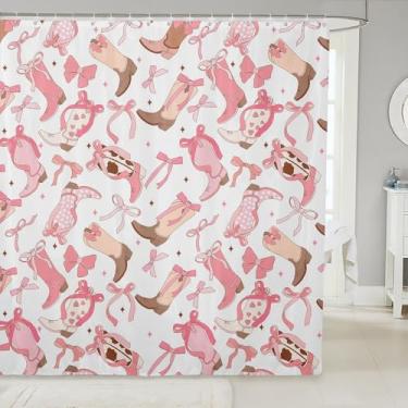 Imagem de jejeloiu Cortina de chuveiro Western Decor 183 cm x 183 cm Conjunto de cortina de chuveiro de banheiro com laço Wild Western Cowboy Rodeio Estilo Cowboy Acessórios de banheiro infantil rosa pêssego