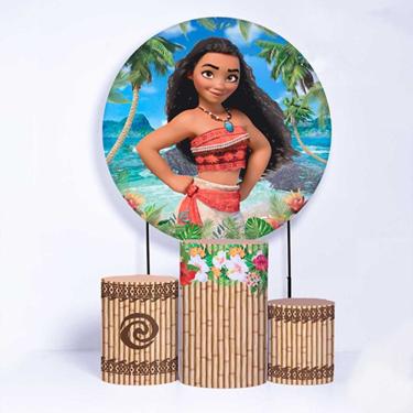 Imagem de Kit Painel de Festa Redondo de 1,30m e Trio de Cilindros Moana - Fera Print