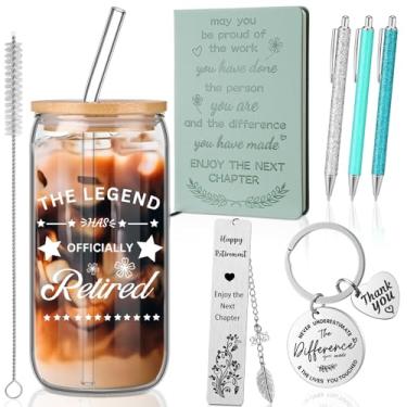 Imagem de Kosiz 7 peças de presentes de aposentadoria para mulheres homens presentes de aposentadoria felizes para mulheres colegas de trabalho professores aposentados incluem copo de vidro, bloco de notas de