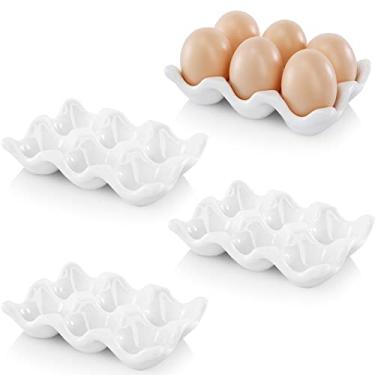 Imagem de DEAYOU 4 Pack 24 Cups Egg Tray Holders, Porcelain Egg Container for Countertop Fridge, Ceramic Eggs Keeper Storage Organizer, Tiny Egg Dispenser Serving Dish Serveware for Display, Kitchen, White