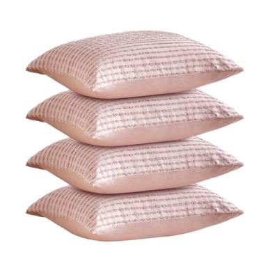 Imagem de WARMDERN Capas de almofada rosa Queen padrão fronhas de microfibra macia conjunto de 4 fronhas texturizadas boho com fecho de envelope (rosa, Queen/padrão, pacote com 4)
