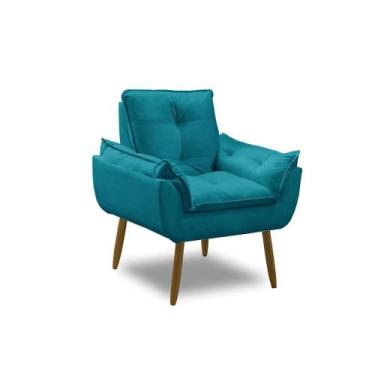 Imagem de Poltrona Para Sala Decorativa Opala Pés Madeira Suede Azul Turquesa Im