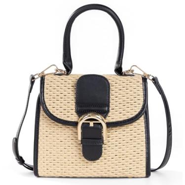 Imagem de boshiho Bolsa feminina retrô de tecido de palha pequena transversal bolsa mensageiro de ombro, Bege-preto P, 7.9 x 3.9 x 6.7 inch