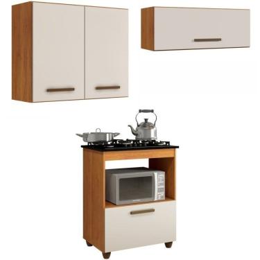 Imagem de Conjunto Balcão Cooktop 5 Bocas Com Nicho 1 Porta Basculante E 2 Armários Aéreo Nature/off White