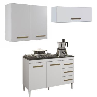 Imagem de Conjunto Balcão Com Tampo 2 Portas 3 Gavetas E 2 Armários Aéreo Branco