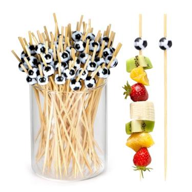 Imagem de JtmyAota 100 palitos de futebol para aperitivos, palhetas de coquetel de futebol de 12 cm para decoração de festa, espetos de aperitivo de bambu para charcutaria, sanduíche, hambúrgueres, bebidas de