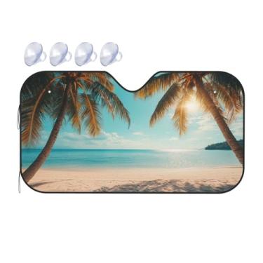 Imagem de Para-brisa Sombra Sol Palmeira Praia Verão Carro Janela Frontal Bloqueador de Para-Sol Viseira UV Retrátil Para-sol Automotivo para Veículo SUV Protetor de Caminhão 129,5 x 69,8 cm