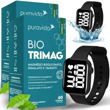 Imagem de Kit 2x Bio Trimag 60 Cápsulas Puravida Magnésio Bisciglinato Dimalato Taurat 60 Cápsulas Bio trimag Magnesio Bisciglinato Pura Vida Acompanha Relógio Esportivo Aprova D'agua Preto