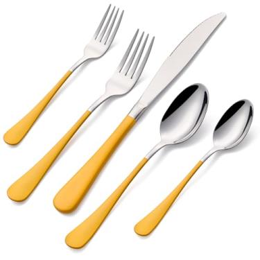 Imagem de DINYWOW Conjunto De Talheres Amarelos Com 20 Peças Para 4 Pessoas, Aço Inoxidável Cabo Amarelo, Inclui Garfos, Colheres E Facas, Utensílios Laváveis Na Máquina Lavar Louça, Casa Restaurante