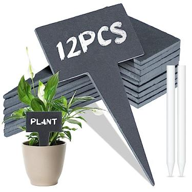 Imagem de Wesiti 12 etiquetas reutilizáveis para plantas de ardósia tipo T etiquetas de plantas estacas de etiquetas de jardim à prova d'água placas de jardim com giz de pedra