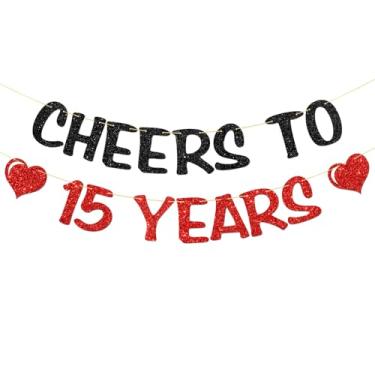Imagem de Faixa Cheers to 15 Years - Suprimentos para guirlanda de festa de aniversário de 15 anos - Decorações de festa de feliz aniversário de 15 anos - Glitter vermelho e preto