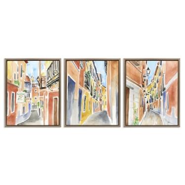 Imagem de Stupell Industries Conjunto de tela flutuante com moldura marrom de 3 peças para edifícios históricos da cidade de Madrid por June Erica Vess, 17 x 21