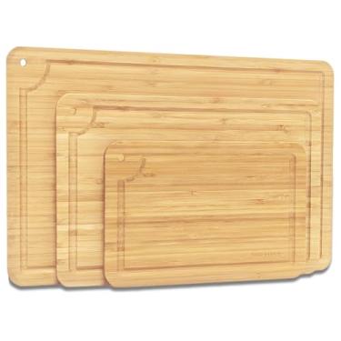 Imagem de Skovtree Conjunto de 3 tábuas de corte de bambu, tábua de corte para cozinha com alça, ranhura de suco, tábua de cortar carne, legumes, frutas