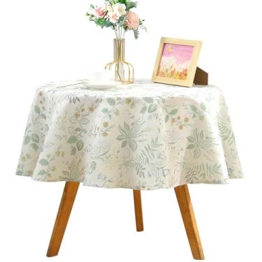 Imagem de Qubjus Toalha de mesa redonda floral de linho – Capa de mesa lavável em tecido de linho estampado rústico para decoração de casa (floral verde, redonda - 139 cm)