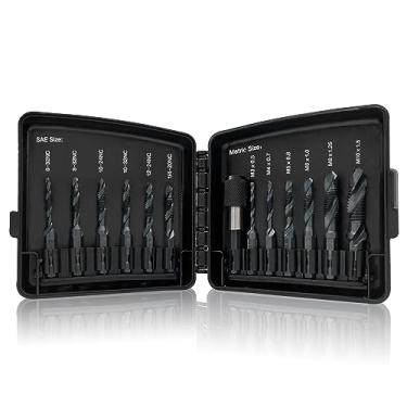Imagem de Conjunto de 13 peças de brocas e brocas – 6 tamanhos SAE: 6-32NC a 1/4-20NC, 6 tamanhos métricos: M3 a M10 e um adaptador de troca rápida – Combine funções de escareamento de rosca de perfuração em um bit, preto