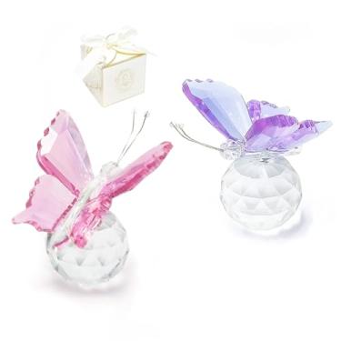 Imagem de HhdvdyWgd 2 peças de decoração de borboleta de cristal com base de bola, estatuetas de borboleta de vidro para decoração de casa/escritório/quarto/mesa/quarto, com caixa de presente (rosa e roxo)