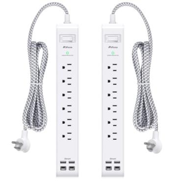 Imagem de 2 pacotes de proteção contra surtos de tira de energia - 6 saídas 2 portas USB 5 pés de extensão de comprimento, tira de tomada de proteção contra sobrecarga de plugue plano, 900 joules, montagem de parede para casa, escritório e dormitório, etc