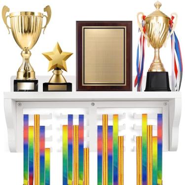 Imagem de Caydo Expositor de cabide de medalha de madeira com prateleira, troféu branco e prateleira de exibição de medalhas com 16 ganchos, suporte de medalhas de 4 fileiras para parede para segurar medalhas, 40 x 20 cm