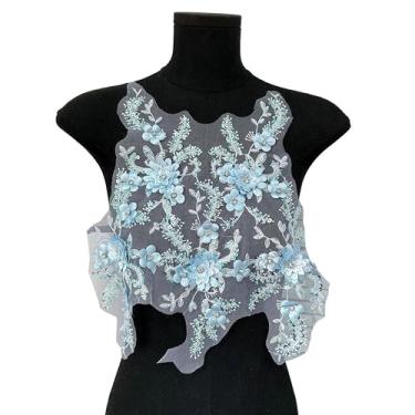 Imagem de Aplique de renda floral 3D, painel de corpete de malha bordada com apliques de flores com contas, costurado, faça você mesmo, roupas, vestido de casamento, vestido de noiva, bolsa de artesanato (azul)