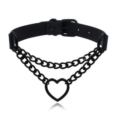 Imagem de ULLKEL Gargantilha de corrente de coração gótico preto PU colar gótico punk emo joias grunge brincos de argola Y2k brinco com pingente para mulheres e homens, Metal, Sem Pedra Preciosa