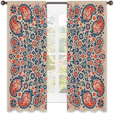 Imagem de Cortina com isolamento térmico Paisley, estampa floral ornamentada cultural, tecido impermeável, cortinas blackout com absorção de som para decoração de sala de jantar/festa, L 130 x C 150 cm, azul