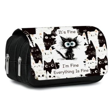Imagem de Estojo de lápis de gato para meninos e meninas desenho animado gato preto I'm Fine Pencil Pounch grande capacidade flip top bolsa de caneta com zíper material de volta às aulas suporte de caneta com