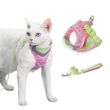 Imagem de Conjunto de arnês e coleira para gatos para caminhadas ao ar livre confortáveis, à prova de fuga, colete macio ajustável para gatinhos com faixa refletiva para gatos, cães pequenos (rosa verde, P)