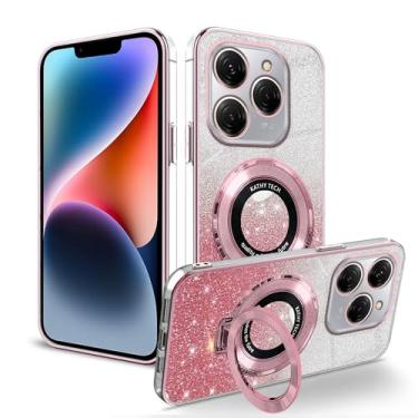 Imagem de Anlalish Compatível com Tecno Spark 20 Pro, capa transparente com glitter, com suporte de anel, capa de telefone Tecno Spark 20 Pro, capa de silicone com revestimento fofo para meninas (rosa)