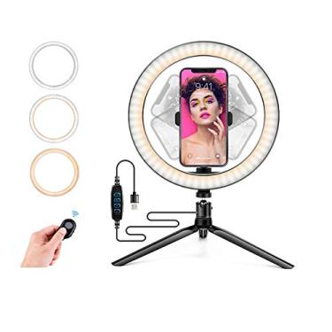 Imagem de Anel de luz OEBLD regulável com 3 modos de luz e 10 níveis de brilho LED anel de preenchimento de luzes para telefone Live Stream Maquiagem YouTube Shoot..., D(10.2''ring light & tripod )