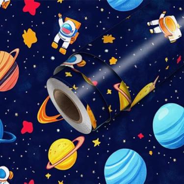 Imagem de HOMETITUTE Papel de parede de desenho animado Galaxy Astronaut Planets Papel de parede para contato com papel de parede 45 cm x 300 cm Revestimento de parede de vinil removível autoadesivo para quarto