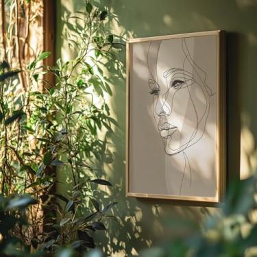 Imagem de Quadro Decorativo Rosto Feminino Com Moldura - Desenho Linhas Finas Mulher Minimalista Moderno Abstrato Preto Branco Sala Quarto