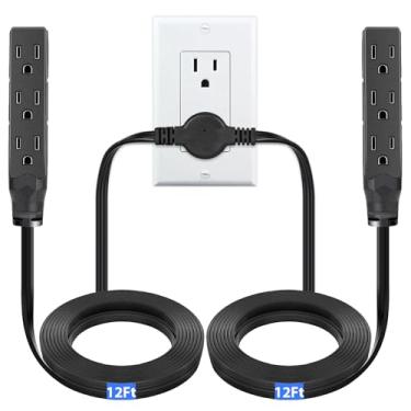 Imagem de HOUHUI Filtro De Linha Com Extensão Dupla 24 Pés, Divisor Duplo 6 Tomadas Aterramento Para Uso Interno, Extensões Plugue Plano Bidirecionais Atrás Da Cama, Armário, Sofá, Móveis