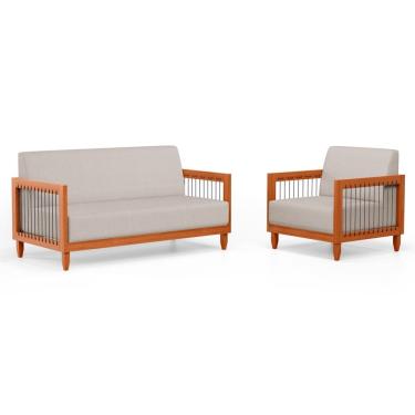 Imagem de Kit Poltrona e Sofá Varanda Samoa Madeira Maciça com Cordas Náutica Linho Rústico Areia - Abmaza