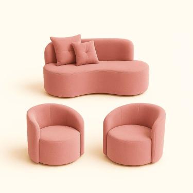 Imagem de Conjunto Decorativo 02 Poltronas + Sofá Curvo Orgânico Nature Gaia Veludo Rosa - Montanaris Decor